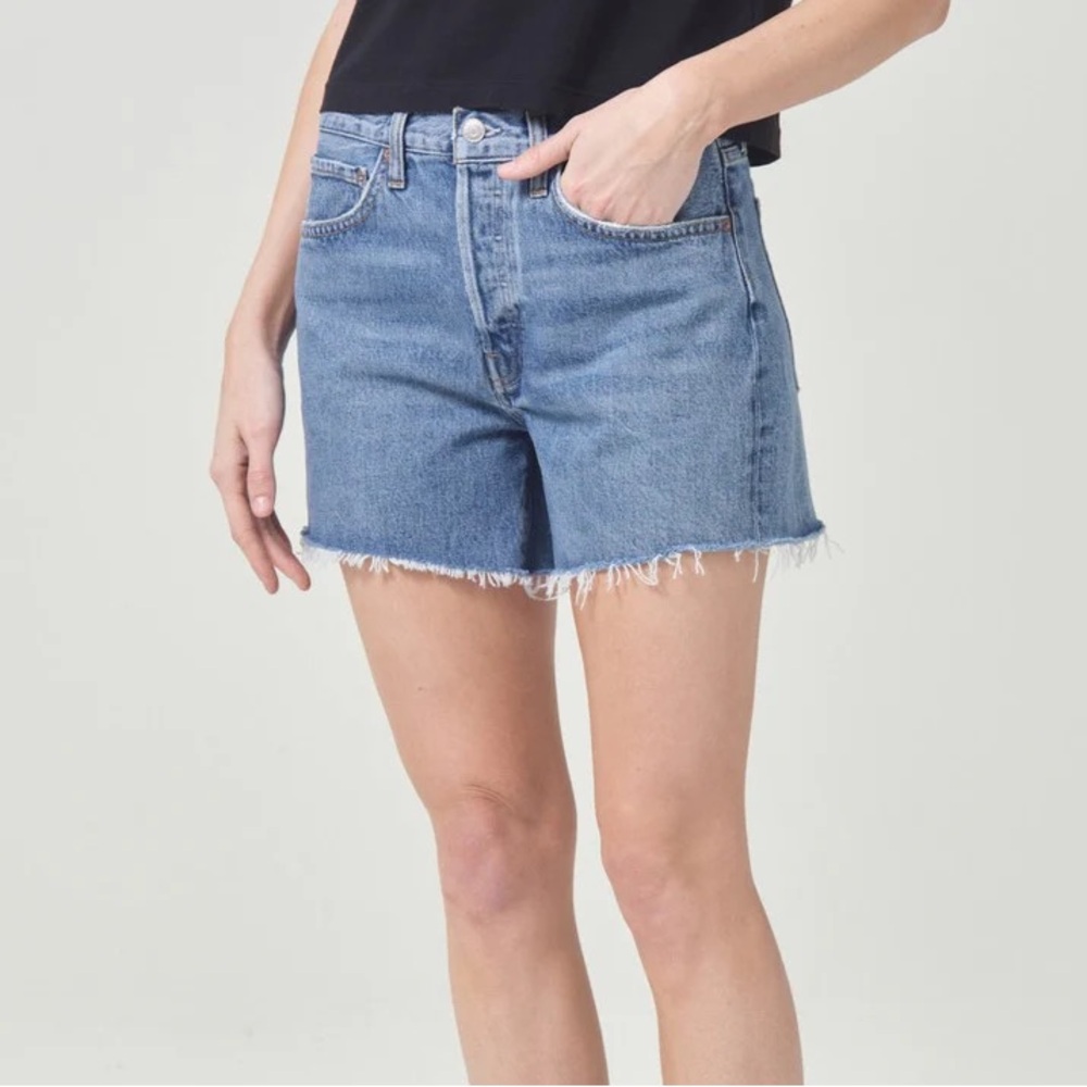 Agolde Parker Long Shorts in Skywave Medium Blue Wash Distressed Denim Shorts - Picture 5 of 12